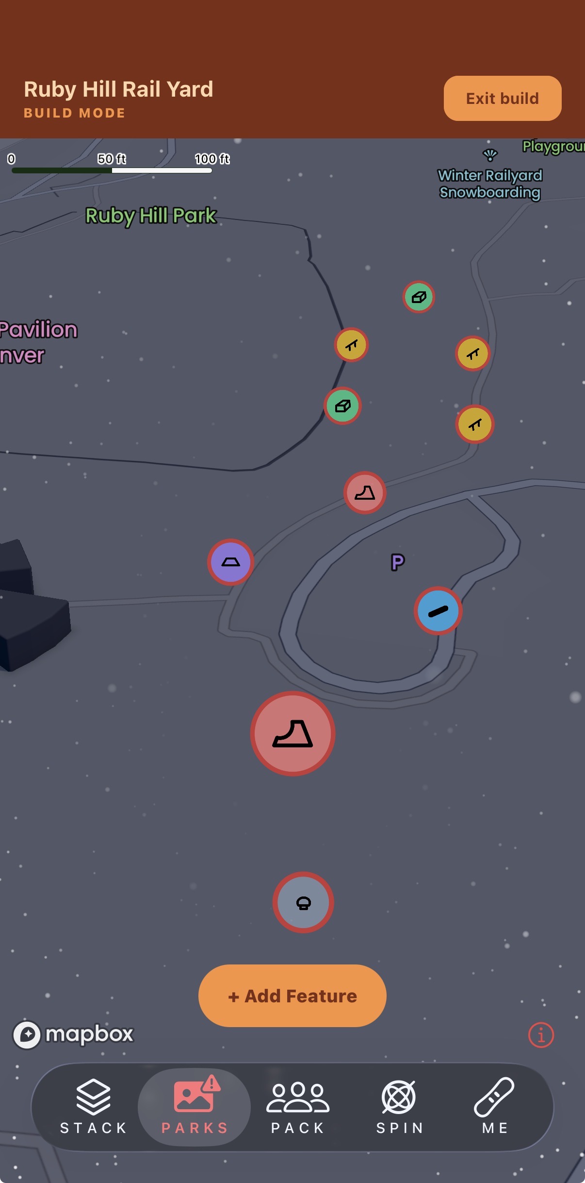RatStack build mode: features placed on a map of Ruby Hill Rail Yard